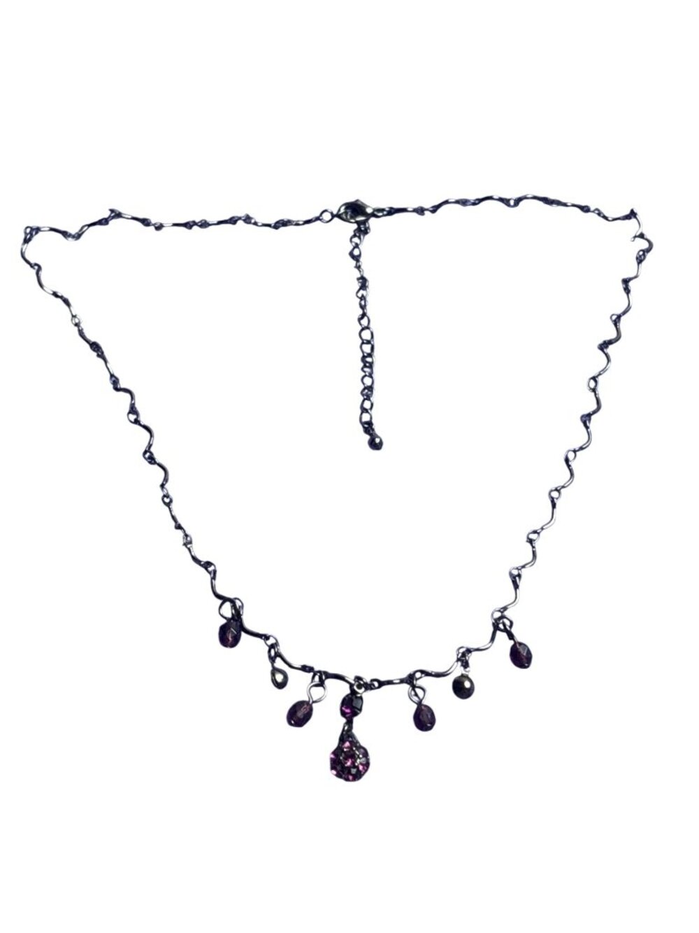 Dainty Gunmetal Chain Necklace Purple Bead Fringe Rhinestones Lobster Clasp